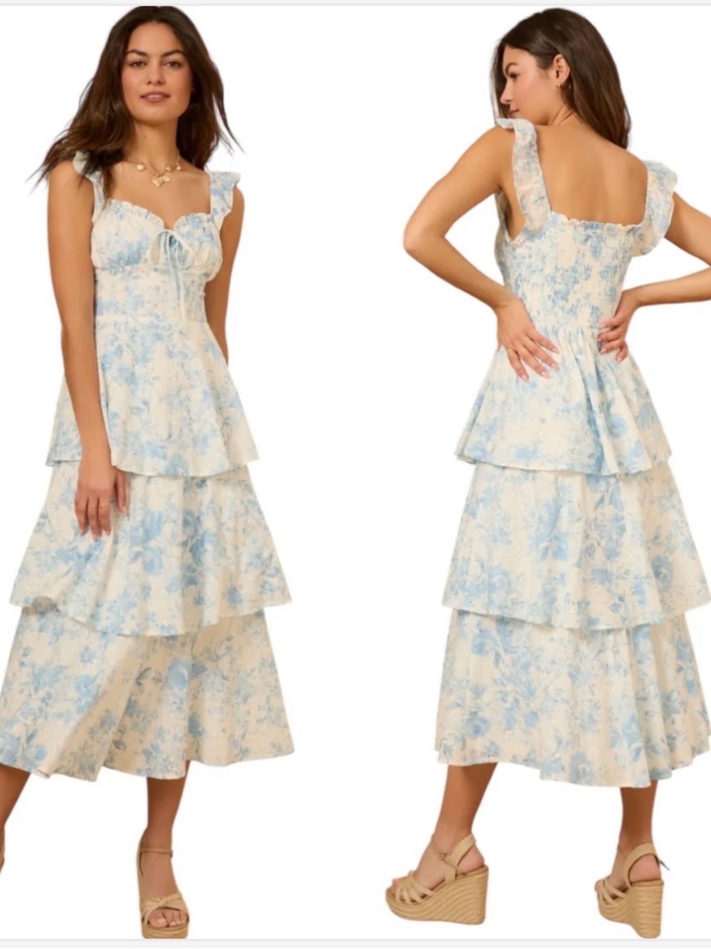 Altar’d State Blue Floral Eyelet Tiered Maxi Dress